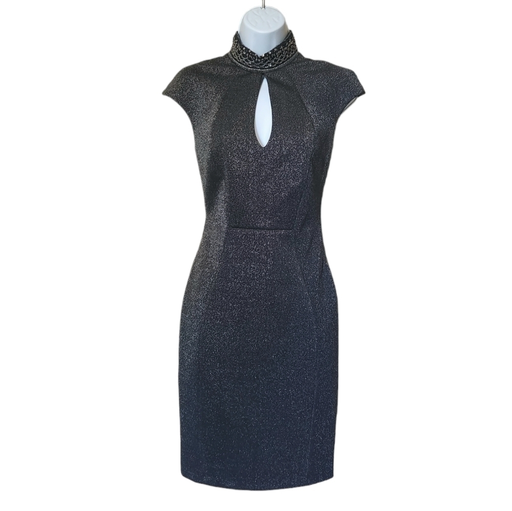 Jax Black Shimmery Cocktail Dress keyhole neckline beaded high colar. Size 4